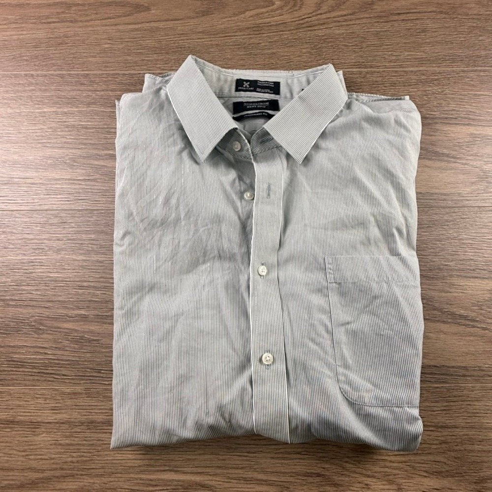 Nordstrom Mens Shop Smartcare Shirt Green White Stripe Wrinkle Free 18 34 Cotton